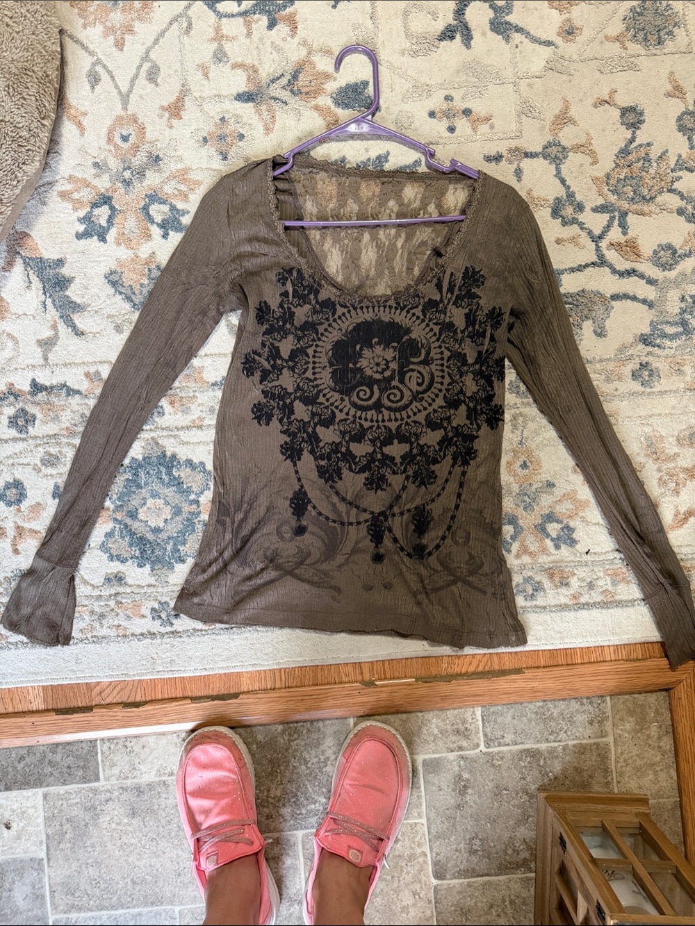 Weavers Vintage Y2K Fairy Grunge Lace Trim olive Thermal Long Sleeve Top Size M